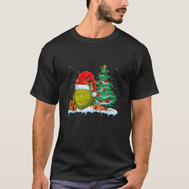 Durian Fruit Wearing Santa Hat Xmas Light Christma T-Shirt (Front)