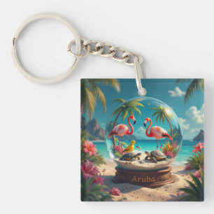 Dushi aruba beach globe with flamingos  key ring