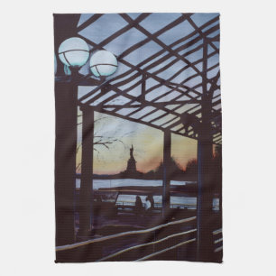 Dusk at Freedom’s Birthplace, Ellis Island Tea Towel