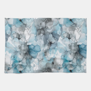 Dusk Blue Grey Alcohol Liquid Ink Swirls Tea Towel