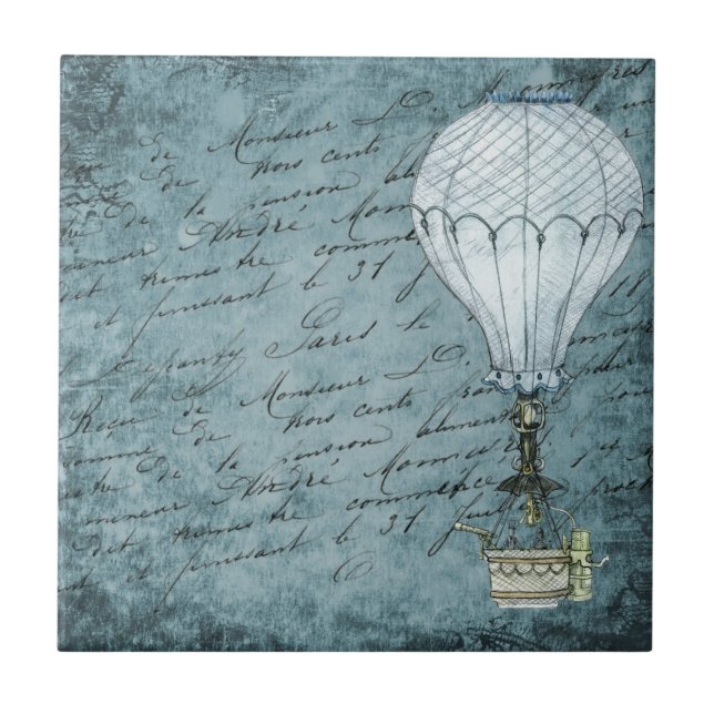 Dusk Blue Hot Air Balloon Steampunk Handwriting Ceramic Tile (Front)