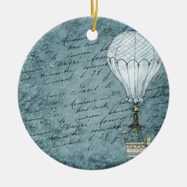 Dusk Blue Hot Air Balloon Steampunk Handwriting Ceramic Tree Decoration (Front)
