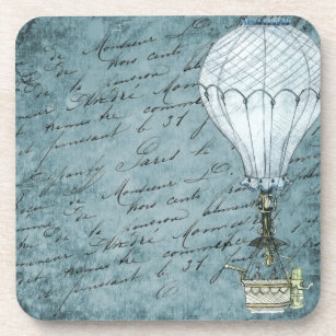 Dusk Blue Hot Air Balloon Steampunk Handwriting Coaster