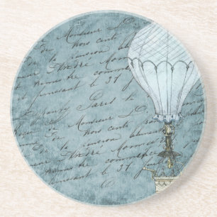 Dusk Blue Hot Air Balloon Steampunk Handwriting Coaster