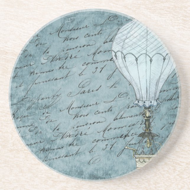 Dusk Blue Hot Air Balloon Steampunk Handwriting Coaster (Front)
