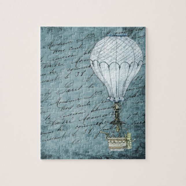 Dusk Blue Hot Air Balloon Steampunk Handwriting Jigsaw Puzzle (Vertical)