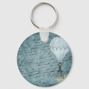 Dusk Blue Hot Air Balloon Steampunk Handwriting Key Ring
