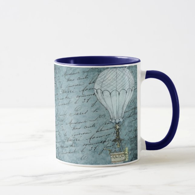 Dusk Blue Hot Air Balloon Steampunk Handwriting Mug (Right)