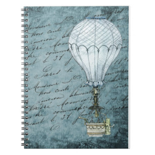 Dusk Blue Hot Air Balloon Steampunk Handwriting Notebook