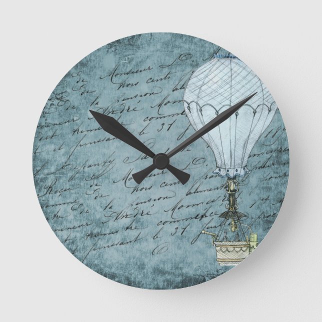 Dusk Blue Hot Air Balloon Steampunk Handwriting Round Clock (Front)