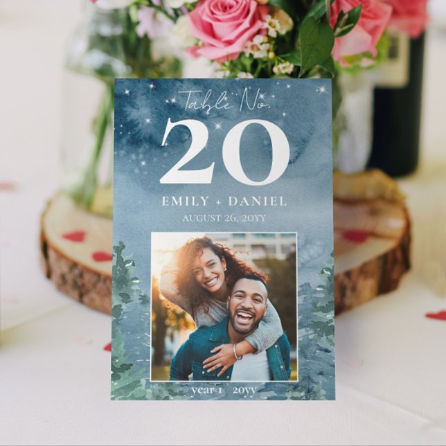 Dusk Blue Mountains Wedding Table No. w/Photo 5x7 (Dark Dusk Blue Rustic Mountains Wedding / Event Table Numbers )