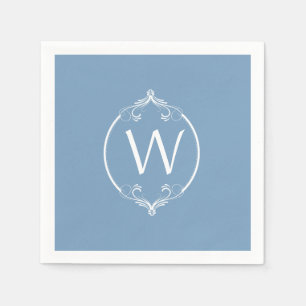 Dusk Blue White Frame Monogram Paper Napkins