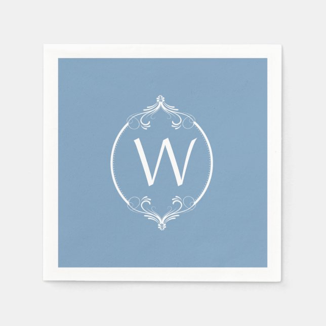 Dusk Blue White Frame Monogram Paper Napkins (Front)
