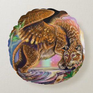 Dusk Hunter Flying Cat Round Cushion
