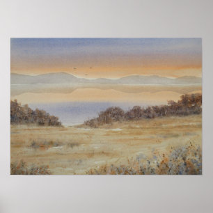 Dusk Lake Blush Watercolor Landscape Print