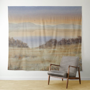 Dusk Lake Blush Watercolor Landscape Print Tapestry