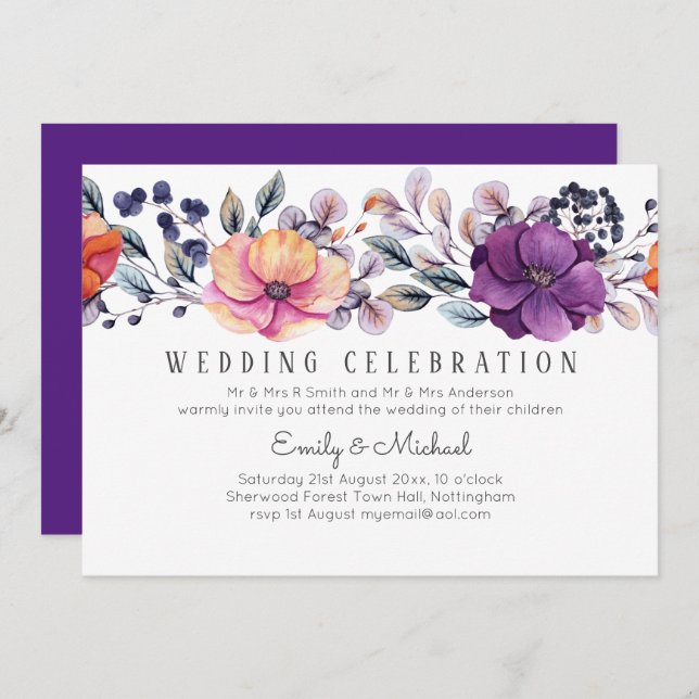 Dusk Till Dawn Purple Orange Floral Wedding Invitation (Front/Back)