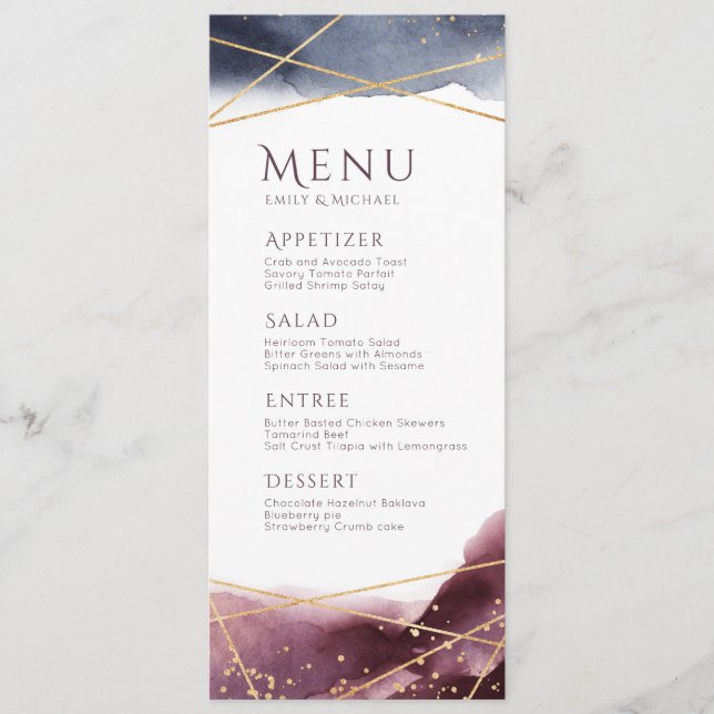 Dusk Watercolor Geometric Modern Wedding menu (Front)