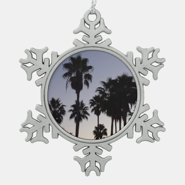 Dusk with Palm Trees Tropical Scene Snowflake Pewter Christmas Ornament (Front)