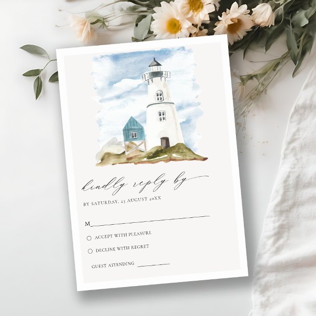 Dusky Aqua Lighthouse Mountain Wedding RSVP Enclosure Card (Creator Uploaded)