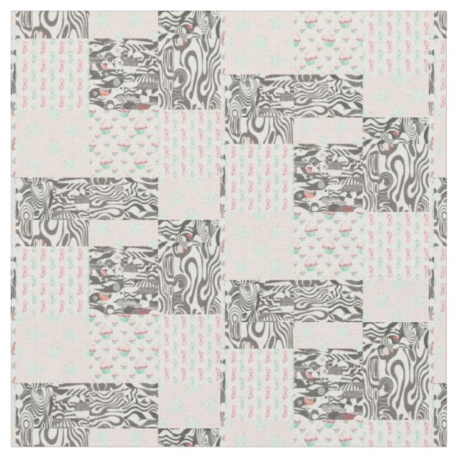 Dusky Black Grey, White, Red & Green Design Fabric (Close Up)