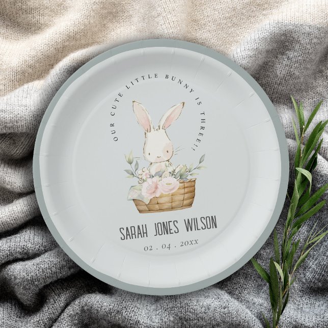 Dusky Blue Bunny In Floral Basket Kids Birthday Paper Plate (Creator Uploaded)