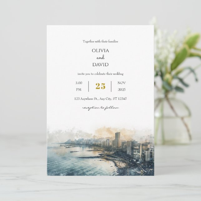 Dusky Blue Coastal Skyline City View Beach Wedding Invitation (Standing Front)