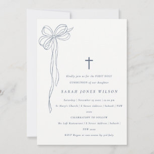 Dusky Blue Coquette Bow First Holy Communion  Invitation