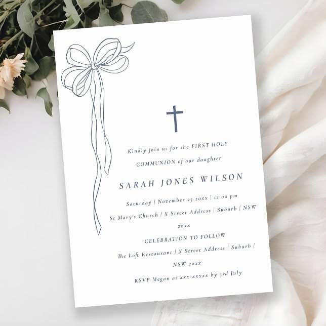 Dusky Blue Coquette Bow First Holy Communion  Invitation (Creator Uploaded)