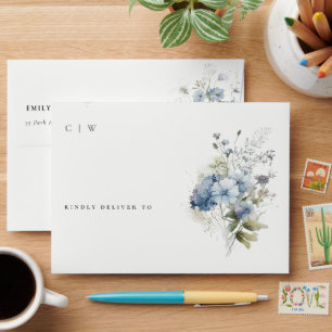 Dusky Blue Cottage Floral Watercolor Wedding Envelope