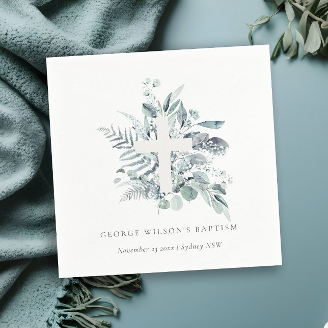Dusky Blue Eucalyptus Fern Foliage Cross Baptism Napkin (Creator Uploaded)
