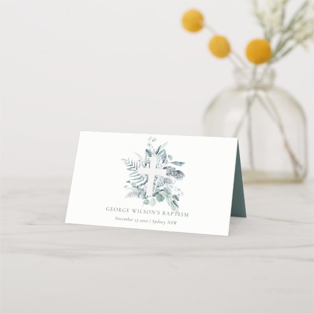 Dusky Blue Eucalyptus Fern Foliage Cross Baptism Place Card (Front)