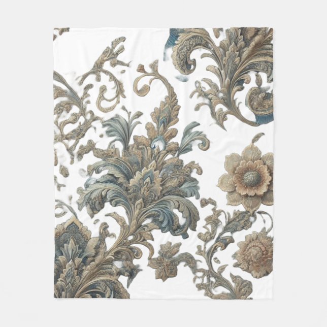 Dusky Blue Floral Brocade Pattern Fleece Blanket (Front)