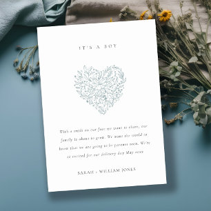 Dusky Blue Floral Heart Baby Announcement