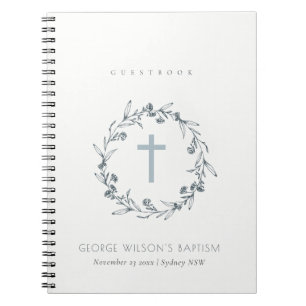 Dusky Blue Floral Laurel Wreath Monogram Baptism G Notebook