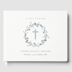 Dusky Blue Floral Laurel Wreath Monogram Baptism Guest Book