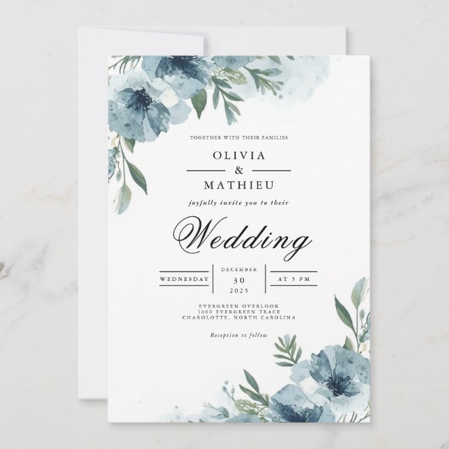 Dusky Blue Floral Swirl Wedding Invitation (Front)