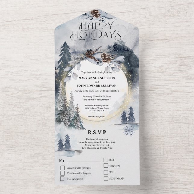 Dusky blue forest pine trees Christmas wedding All In One Invitation (Inside)