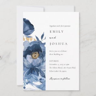Dusky Blue Gold Floral All in One Wedding Invitation