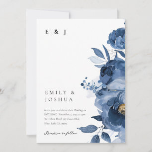 Dusky Blue Gold Floral All in One Wedding Invitation