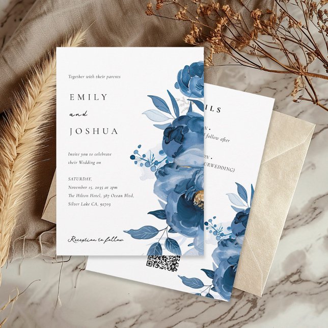 Dusky Blue Gold Floral All in One Wedding Invitation (Creator Uploaded)
