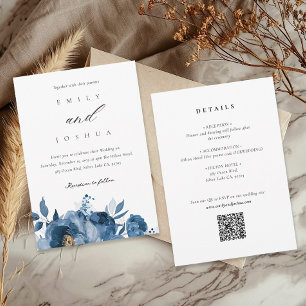 Dusky Blue Gold Floral All in One Wedding Invitation