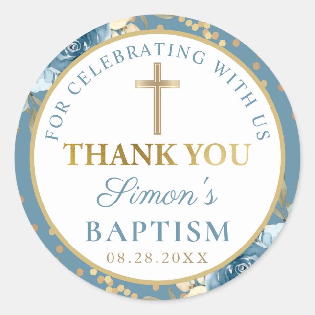 Dusky Blue Gold Floral Baptism Thank You Classic Round Sticker (Front)