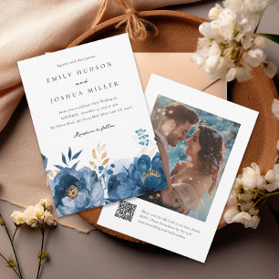 Dusky Blue Gold Floral QR Photo Wedding Invitation