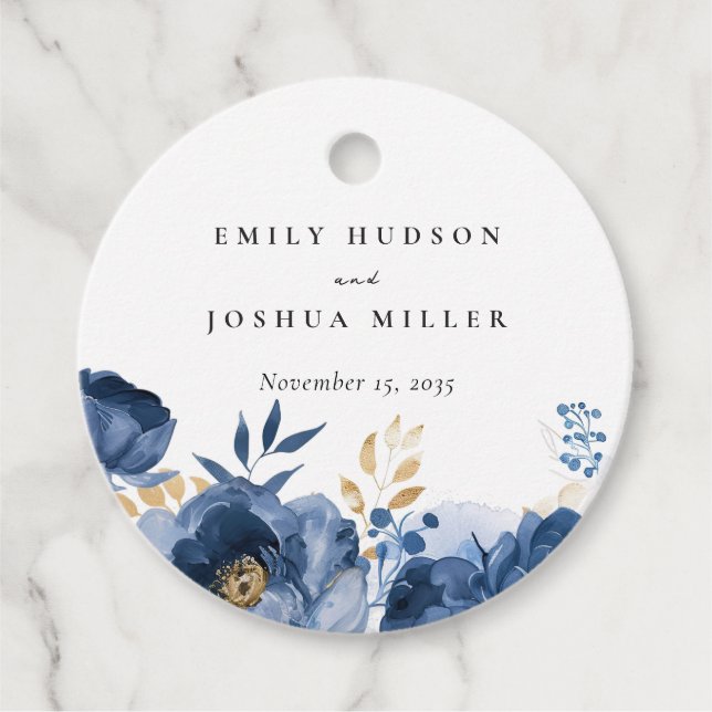 Dusky Blue Gold Floral Wedding Favour Tags (Front)
