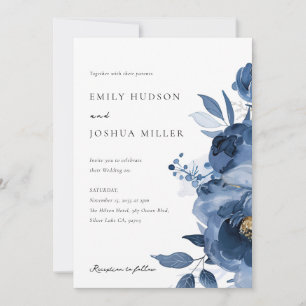 Dusky Blue Gold Floral Wedding Invitation