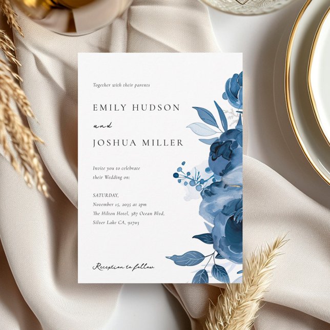 Dusky Blue Gold Floral Wedding Invitation (Creator Uploaded)