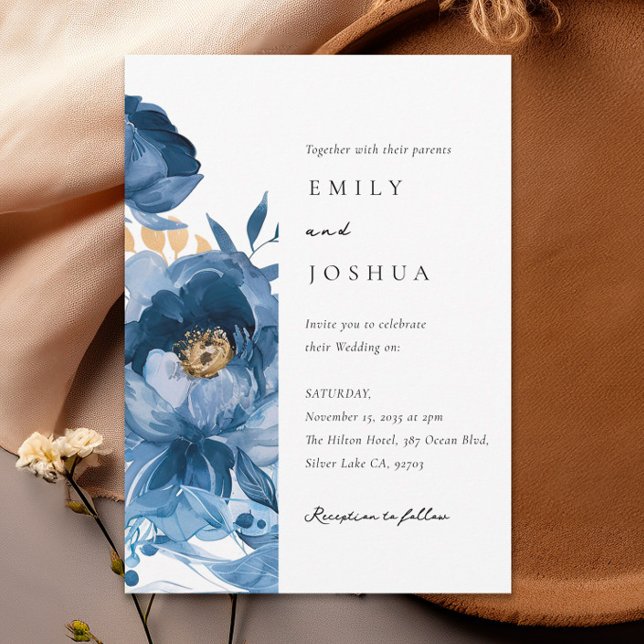 Dusky Blue Gold Floral Wedding Invitation (Creator Uploaded)