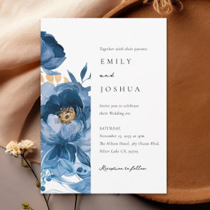 Dusky Blue Gold Floral Wedding Invitation