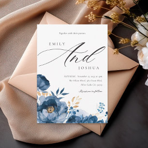 Dusky Blue Gold Floral Wedding Invitation